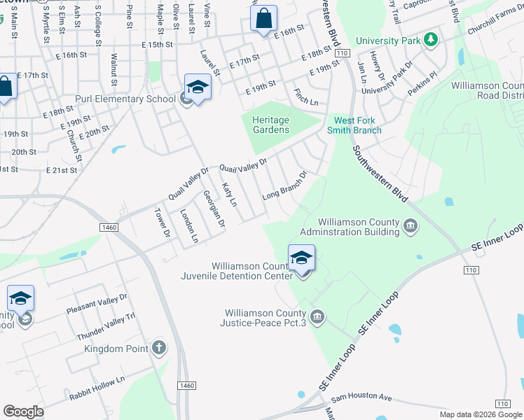 map of restaurants, bars, coffee shops, grocery stores, and more near 2300 Smith Branch Boulevard in Georgetown