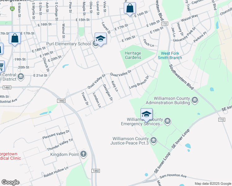 map of restaurants, bars, coffee shops, grocery stores, and more near 2217 Katy Lane in Georgetown