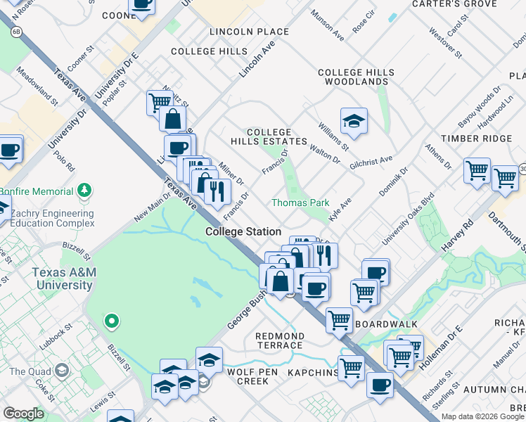 map of restaurants, bars, coffee shops, grocery stores, and more near 1200 Milner Drive in College Station