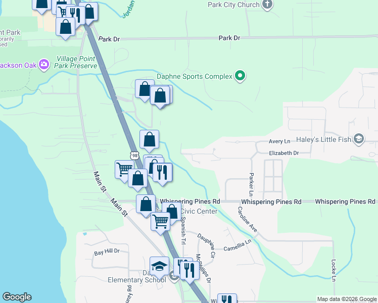 map of restaurants, bars, coffee shops, grocery stores, and more near 27330 Parker Lane in Daphne