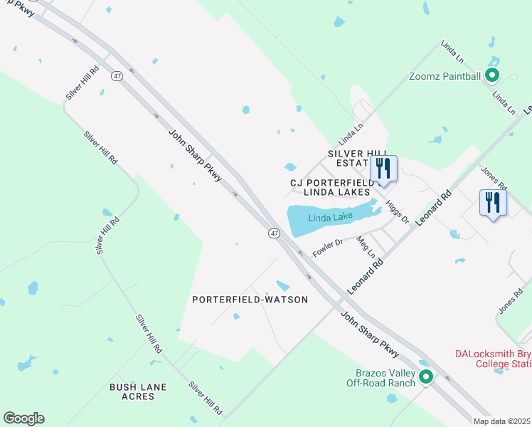 map of restaurants, bars, coffee shops, grocery stores, and more near Highway 47 in Bryan