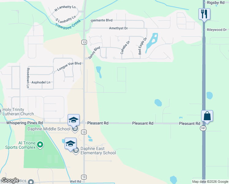 map of restaurants, bars, coffee shops, grocery stores, and more near 9399 Parker Lane in Daphne