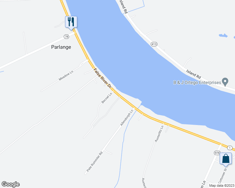 map of restaurants, bars, coffee shops, grocery stores, and more near 8052 False River Road in Oscar