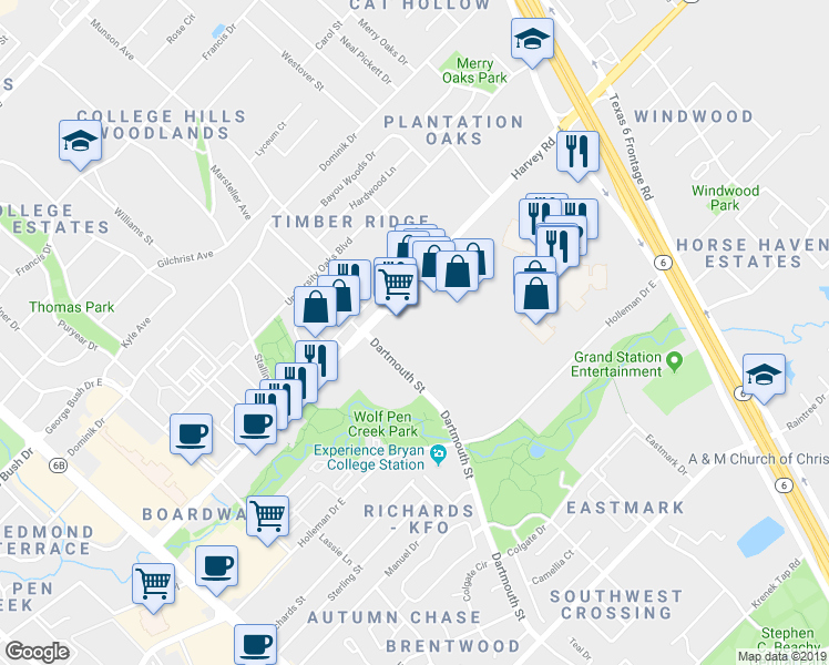 map of restaurants, bars, coffee shops, grocery stores, and more near 1903 Dartmouth Street in College Station