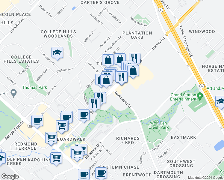 map of restaurants, bars, coffee shops, grocery stores, and more near 900 State Highway 30 in College Station