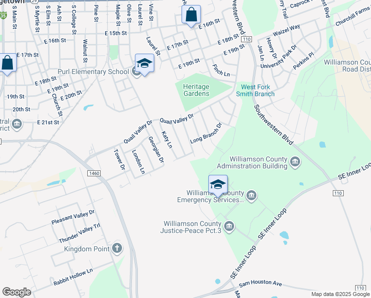 map of restaurants, bars, coffee shops, grocery stores, and more near 2300 Smith Branch Boulevard in Georgetown