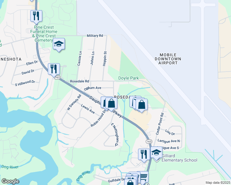 map of restaurants, bars, coffee shops, grocery stores, and more near 2407 Coley Drive in Mobile