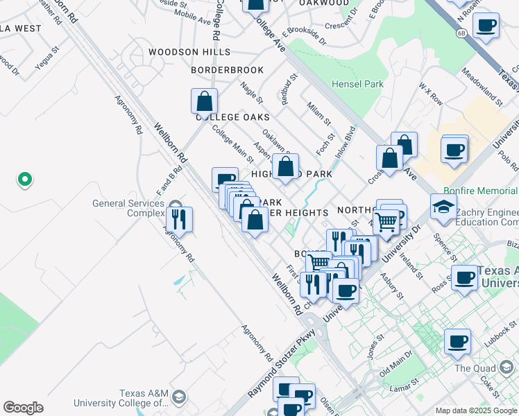 map of restaurants, bars, coffee shops, grocery stores, and more near 4309 Boyett Street in Bryan