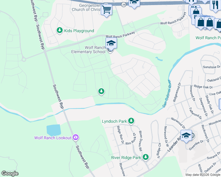 map of restaurants, bars, coffee shops, grocery stores, and more near 520 High Summit Drive in Georgetown