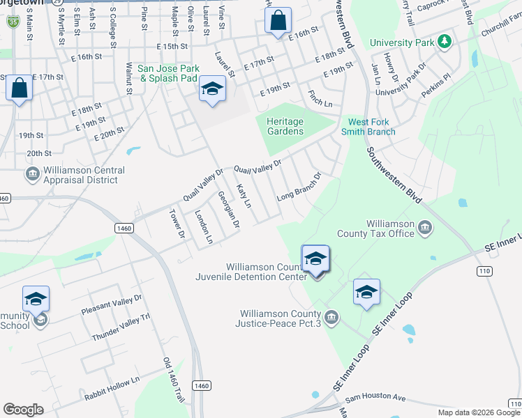 map of restaurants, bars, coffee shops, grocery stores, and more near 2218 Creekside Lane in Georgetown