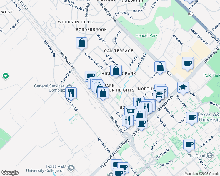 map of restaurants, bars, coffee shops, grocery stores, and more near 702 Gaytha Circle in Bryan