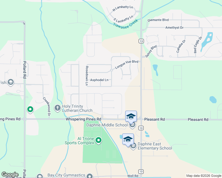 map of restaurants, bars, coffee shops, grocery stores, and more near 8585 Rosedown Lane in Daphne