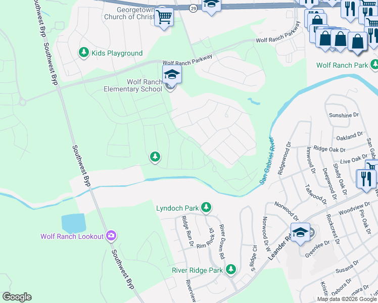 map of restaurants, bars, coffee shops, grocery stores, and more near 525 Sundance Ridge in Georgetown