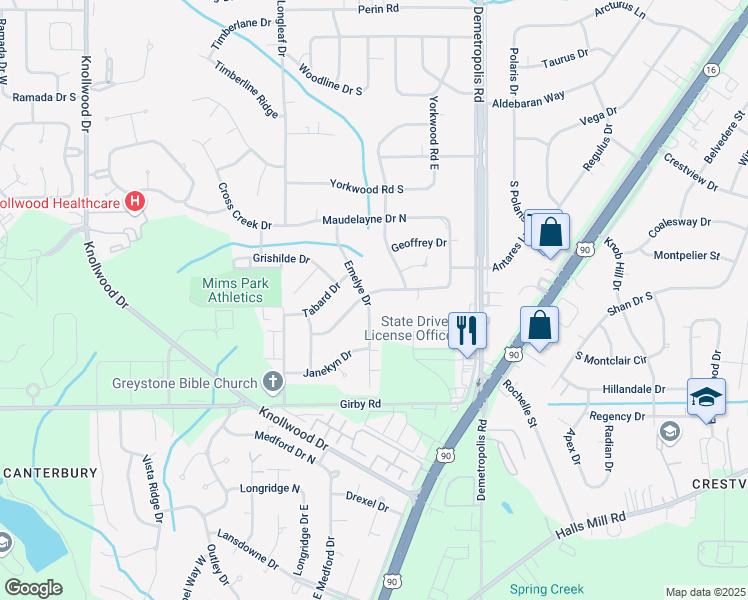 map of restaurants, bars, coffee shops, grocery stores, and more near 5167 Maudelayne Drive South in Mobile