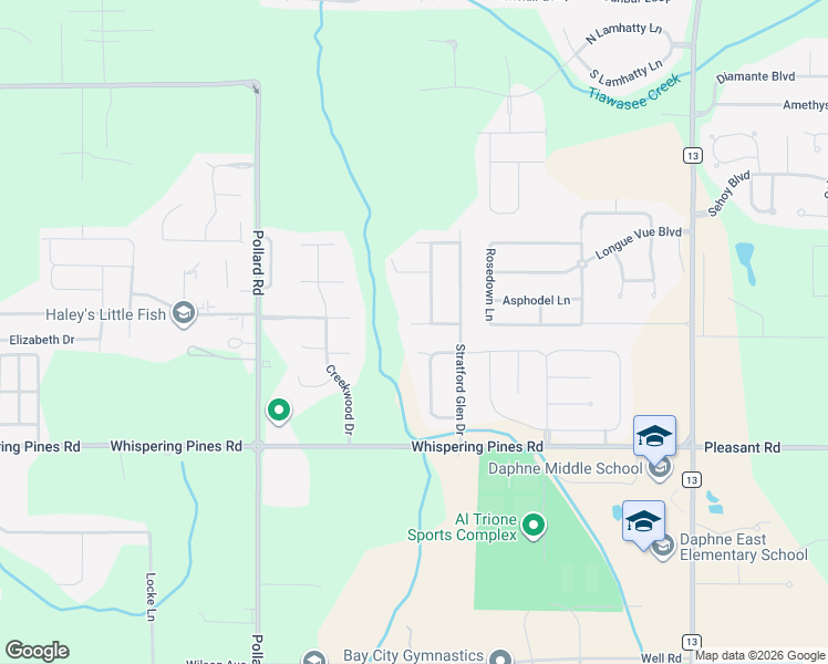 map of restaurants, bars, coffee shops, grocery stores, and more near 8400-8434 Carousel Court in Daphne
