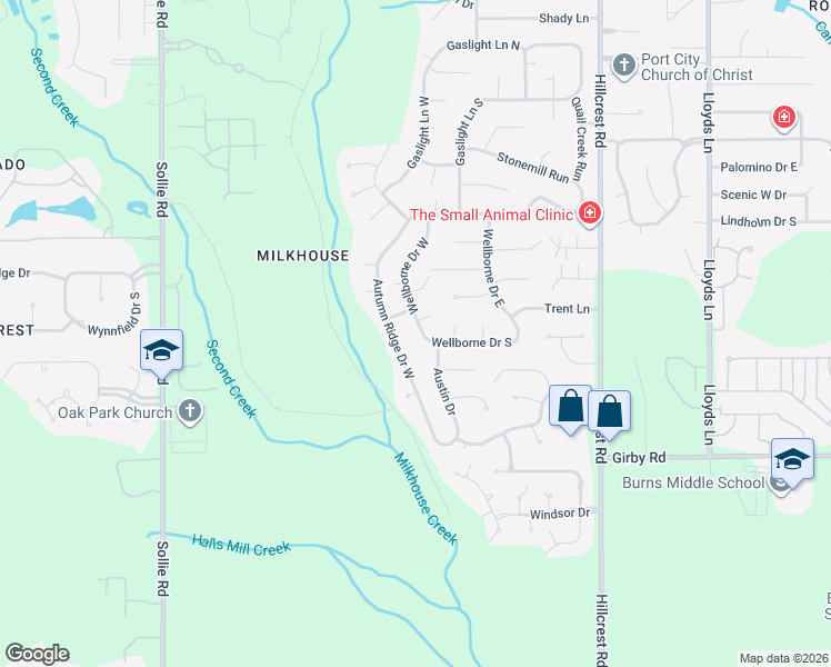 map of restaurants, bars, coffee shops, grocery stores, and more near 3204 Wellborne Drive West in Mobile