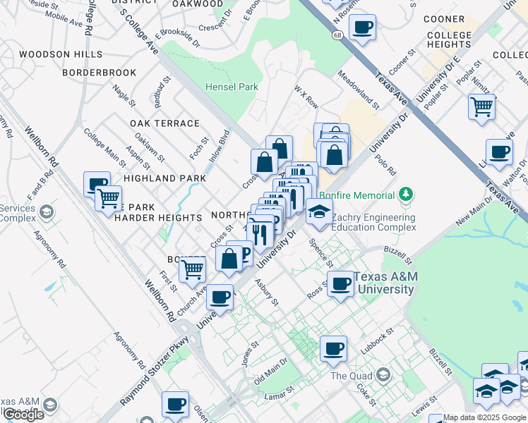 map of restaurants, bars, coffee shops, grocery stores, and more near 711 Church Avenue in College Station
