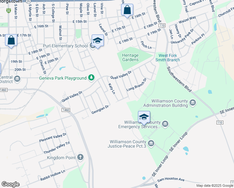 map of restaurants, bars, coffee shops, grocery stores, and more near 2219 Katy Lane in Georgetown