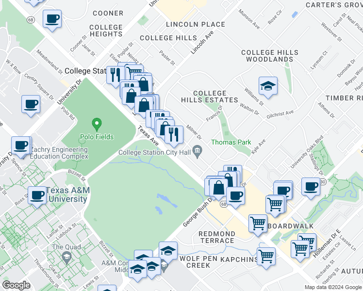 map of restaurants, bars, coffee shops, grocery stores, and more near 1055 Texas Avenue in College Station