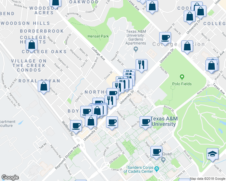 map of restaurants, bars, coffee shops, grocery stores, and more near 711 Church Avenue in College Station