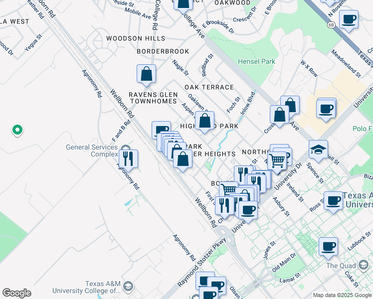 map of restaurants, bars, coffee shops, grocery stores, and more near 4301 Boyett Street in Bryan