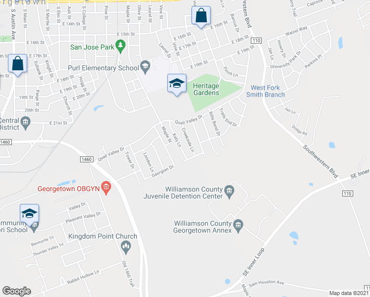 map of restaurants, bars, coffee shops, grocery stores, and more near 2217 Katy Lane in Georgetown