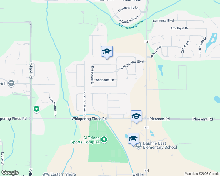 map of restaurants, bars, coffee shops, grocery stores, and more near 8617 Rosedown Lane in Daphne