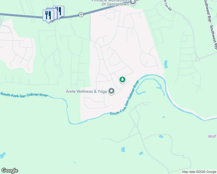 map of restaurants, bars, coffee shops, grocery stores, and more near 3301 West State Highway 29 in Georgetown