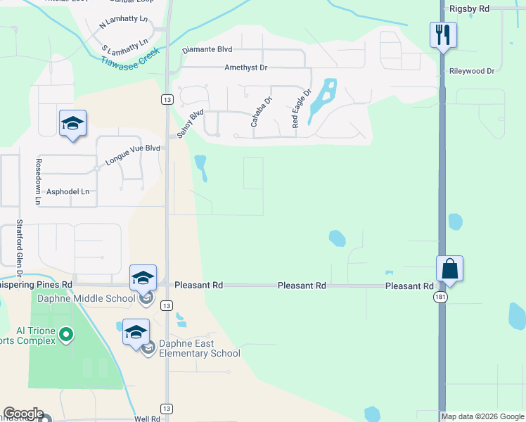 map of restaurants, bars, coffee shops, grocery stores, and more near 9399 Parker Lane in Daphne