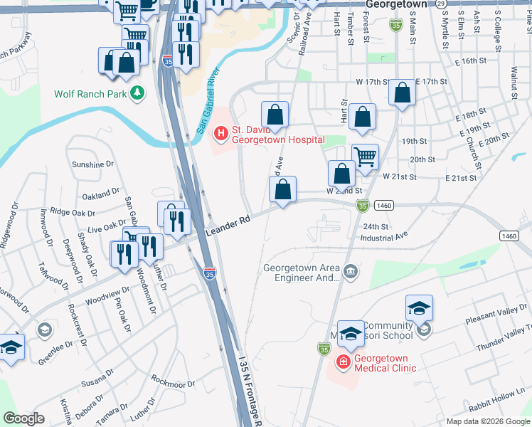 map of restaurants, bars, coffee shops, grocery stores, and more near 611 Leander Road in Georgetown