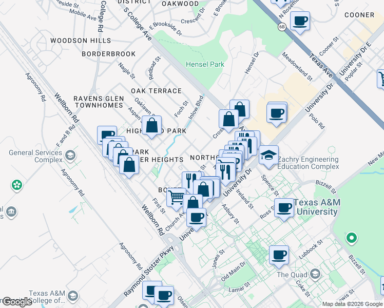 map of restaurants, bars, coffee shops, grocery stores, and more near 410 Stasney Street in College Station