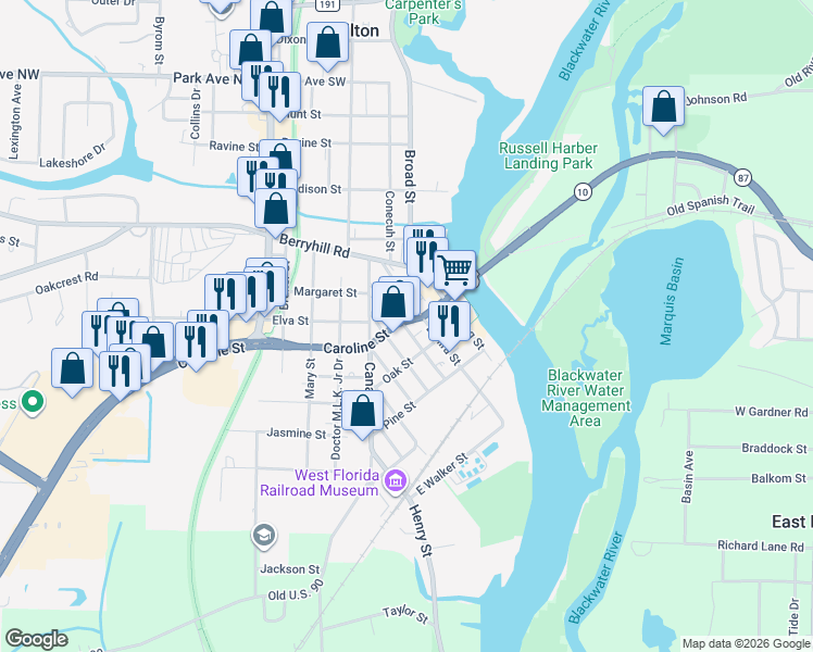 map of restaurants, bars, coffee shops, grocery stores, and more near 6835 U.S. 90 in Milton