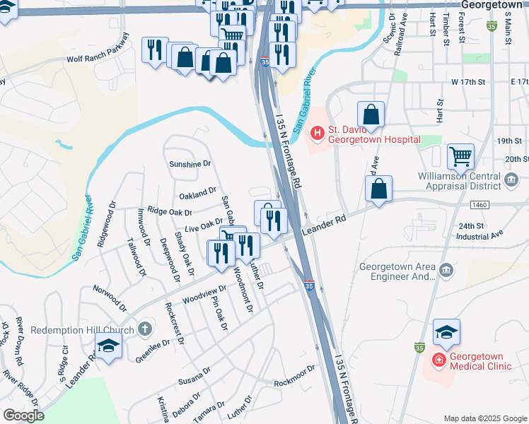 map of restaurants, bars, coffee shops, grocery stores, and more near 2100 North Interstate Highway 35 in Georgetown