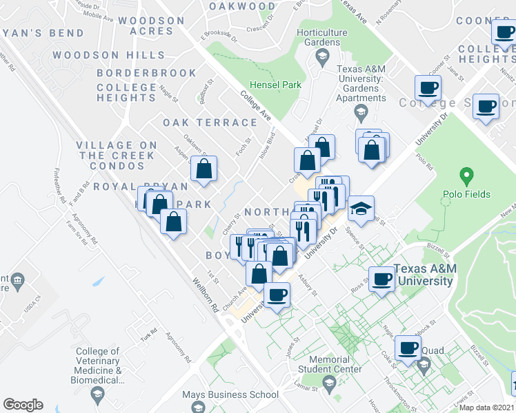 map of restaurants, bars, coffee shops, grocery stores, and more near 413 Nagle Street in College Station