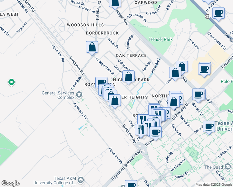 map of restaurants, bars, coffee shops, grocery stores, and more near 4301 Boyett Street in Bryan