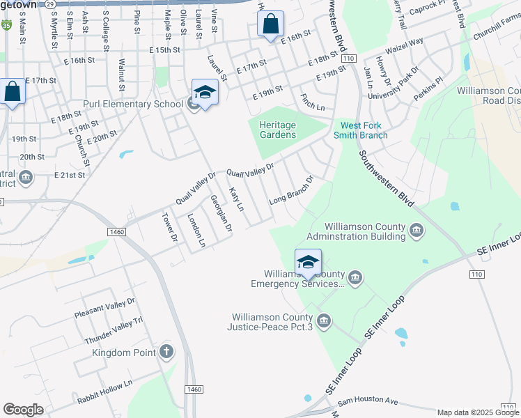 map of restaurants, bars, coffee shops, grocery stores, and more near 2300 Smith Branch Boulevard in Georgetown