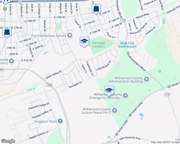 map of restaurants, bars, coffee shops, grocery stores, and more near 2216 Creekside Lane in Georgetown