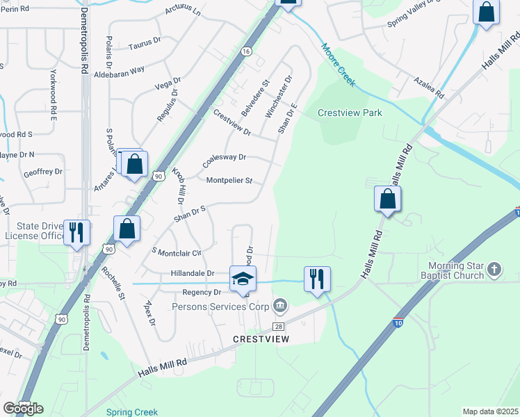 map of restaurants, bars, coffee shops, grocery stores, and more near 1566 Shan Drive South in Mobile