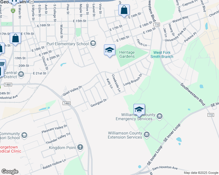 map of restaurants, bars, coffee shops, grocery stores, and more near 2218 Katy Lane in Georgetown