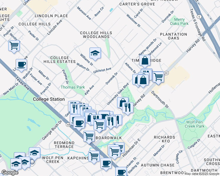 map of restaurants, bars, coffee shops, grocery stores, and more near 700 Dominik Drive in College Station