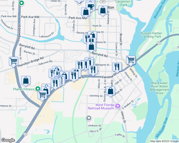 map of restaurants, bars, coffee shops, grocery stores, and more near in Milton