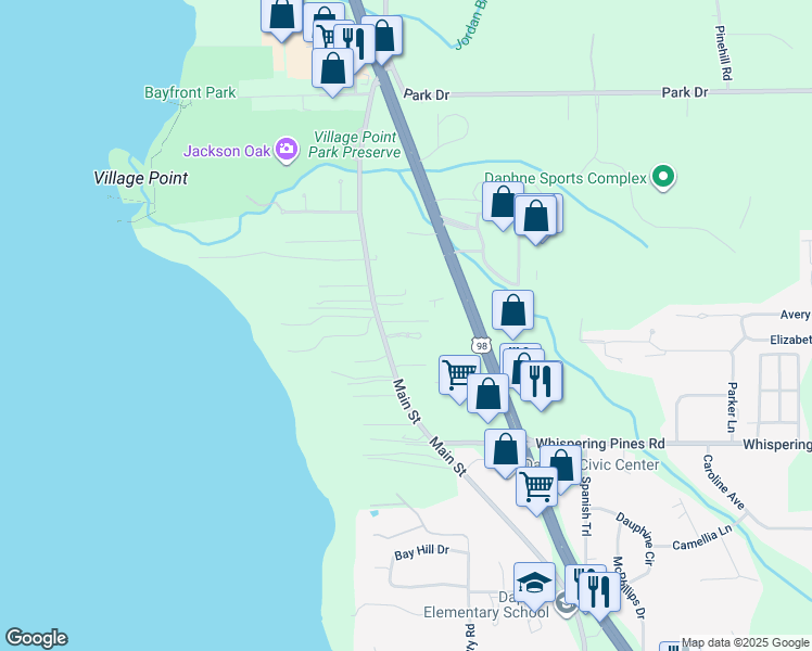 map of restaurants, bars, coffee shops, grocery stores, and more near 6635 Jackson Square in Daphne