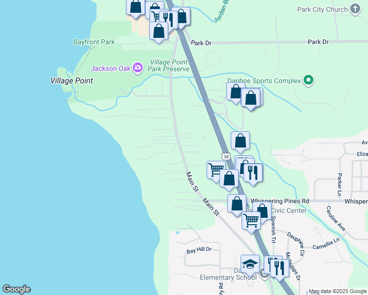 map of restaurants, bars, coffee shops, grocery stores, and more near 6635 Jackson Square in Daphne