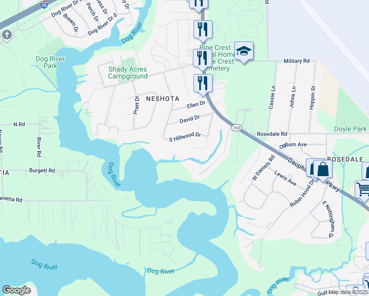 map of restaurants, bars, coffee shops, grocery stores, and more near 2305 Hillwood Dr S in Mobile