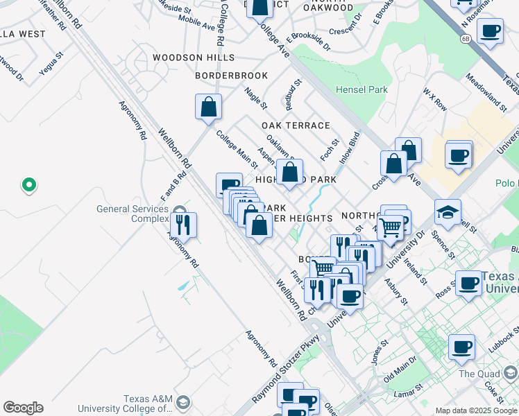 map of restaurants, bars, coffee shops, grocery stores, and more near 4301 Boyett Street in Bryan