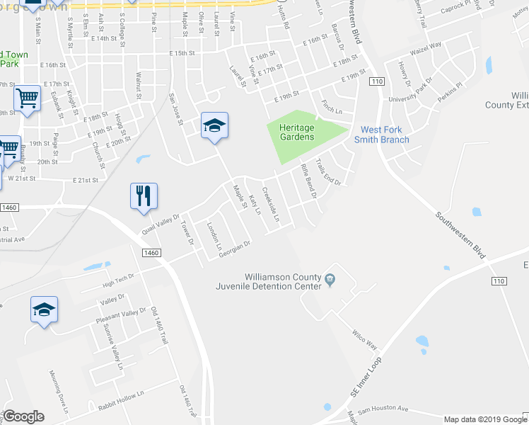 map of restaurants, bars, coffee shops, grocery stores, and more near 2217 Katy Lane in Georgetown