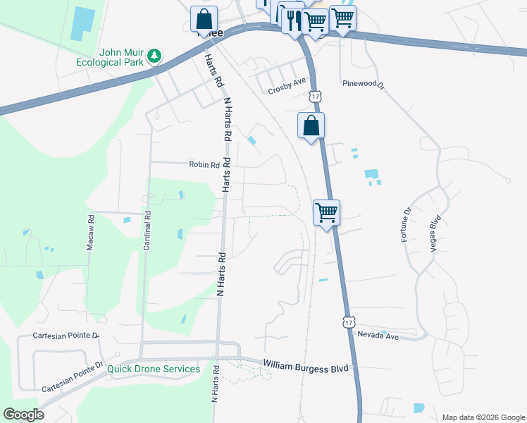 map of restaurants, bars, coffee shops, grocery stores, and more near 261-299 Harts Road in Yulee