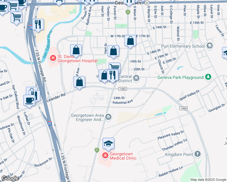 map of restaurants, bars, coffee shops, grocery stores, and more near 2303 South Austin Avenue in Georgetown
