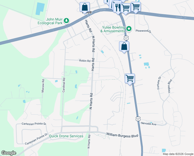 map of restaurants, bars, coffee shops, grocery stores, and more near 85823 Harts Road in Yulee