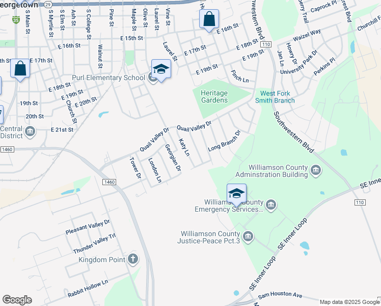 map of restaurants, bars, coffee shops, grocery stores, and more near 2217 Katy Lane in Georgetown